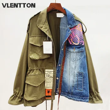 

2020 Spring Autumn Streetwear Print Splice Denim Jacket Women Zipper Casual Loose Jeans Coat Female Korean Oversize Outwear Tops