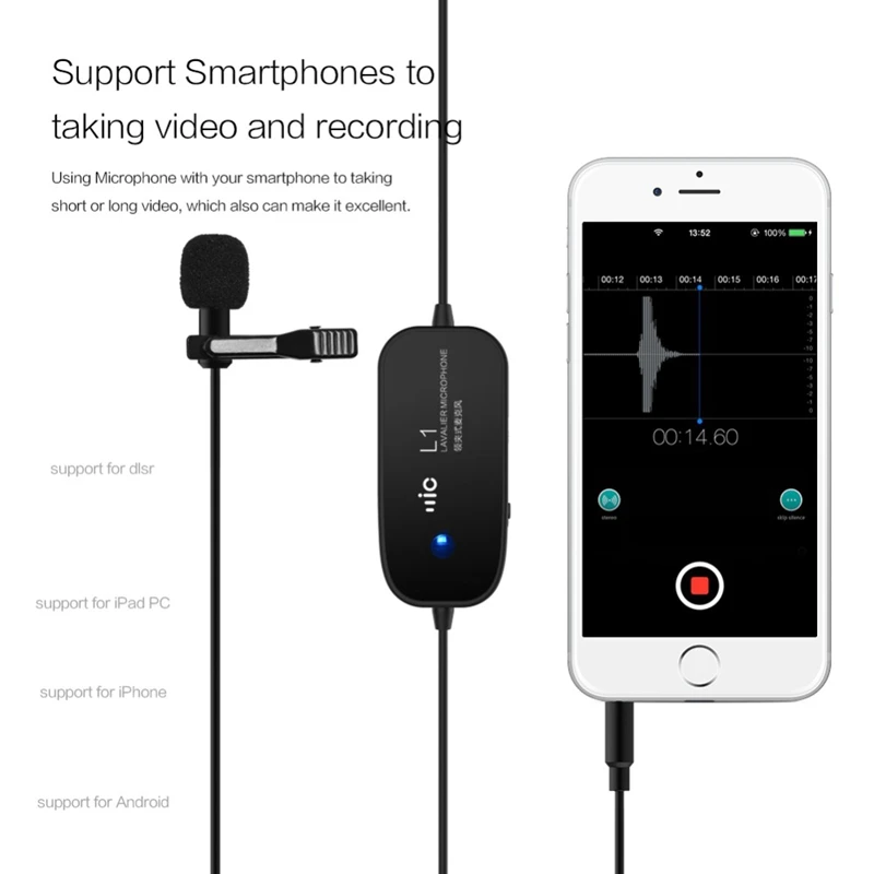 AAAE Top-3.5Mm Аудио Видео Запись петличный нагрудный микрофон 6 м(20 футов) для Iphone Android Mac для Dslr камеры видеокамеры рекордер