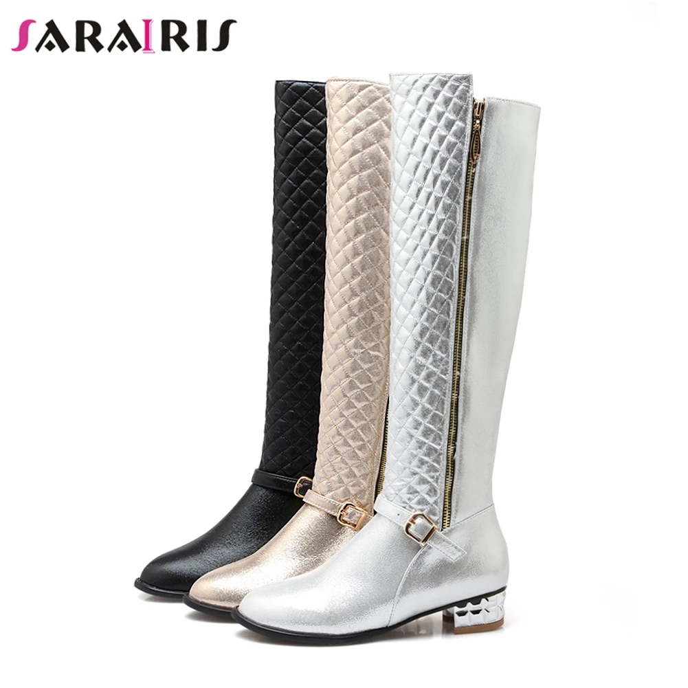 

SARAIRIS Size 34-43 Women Knee High Boots Winter Add Fur Shoes Woman Zipper Lady Chunky Heel Pointed Toe Snow Motorcycle Boots