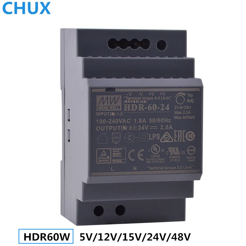 Бренд MEAN WELL представляет переключение Питание 24V 5v 15v 12v 48v 60W HDR-60-24 meanwell один Выход