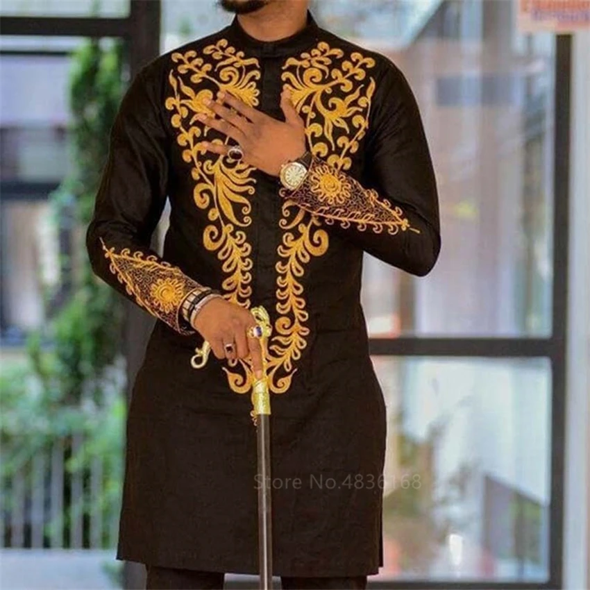 Domple Mens Stand Collar Plus Size African Print Dashiki Casual Mid Length Long Sleeve Shirt