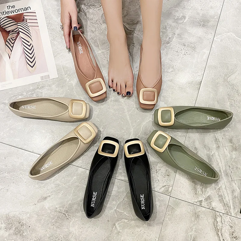 2021 Spring Autumn Square Toe Ballet Flats Shoes Women's Square Buckle Soft Sole Comfortable Plus Size 43 Women's Shoes Korean