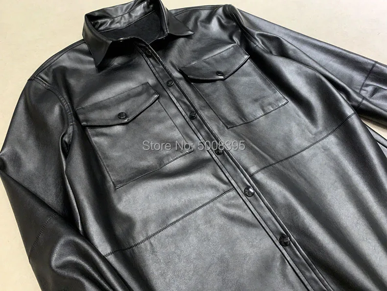 Женская мода Novella искусственная кожа рубашка черная пуговица воротник кнопка спереди нагрудные карманы неровный подол верхняя рубашка Топы