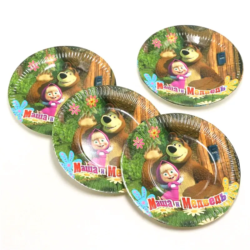 Masha And Bear Theme Cartoon Kid Birthday Party Decoration Cup Plates Straw Family Party for Various Party Supplies 60Pcs/30Pcs