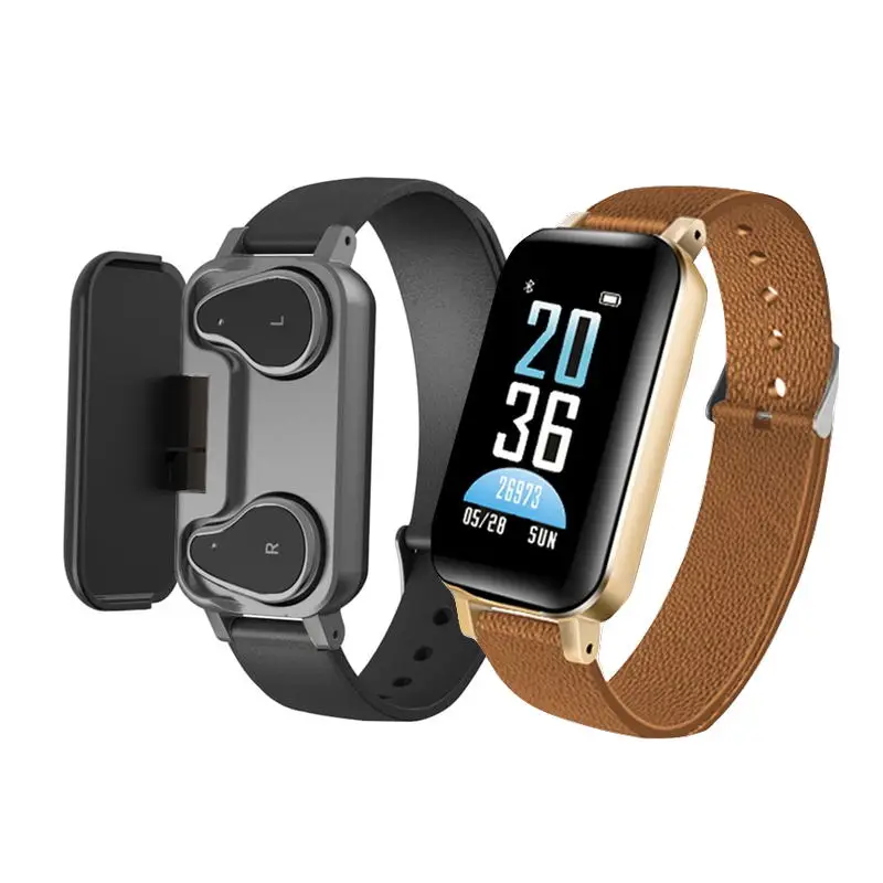 

Smart Dual Headphone Fitness Bracelet T89 Heart Rate Sport Bluetooth Music earphone Waterproof Smart Watch Standby 15 days