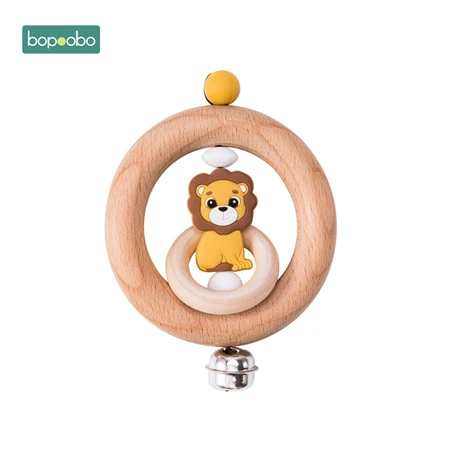 Lion Bopoobo детская погремушка из бука, деревянные Прорезыватели для зубов Прорезыватель для зубов из пищевого силикона, деревянный мини-детский хлопковый слюнявчик, набор для кормления, Товары для малышей - Цвет: Lion