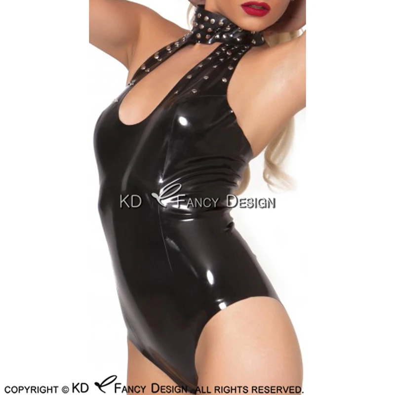 

Black Sexy Latex Body Suit High Cut Leg With Rivets And Back Zipper Buttons Rubber Catsuit Bodysuit Swimsuit LTY-0197