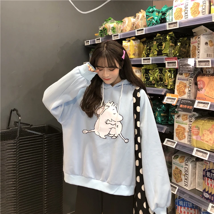 Женские толстовки с капюшоном, с принтом Kawaii, свободные, для студентов, Harajuku, одежда для женщин, плотная, теплая, для отдыха, для девочек, уличная одежда, толстовки