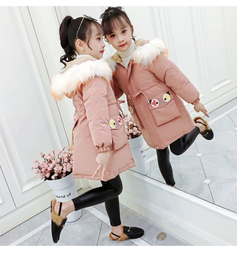 Зимняя куртка для девочек Детская парка Новинка года; утепленная детская зимняя куртка с меховым воротником и капюшоном корейское пальто для девочек-подростков 4-12 лет