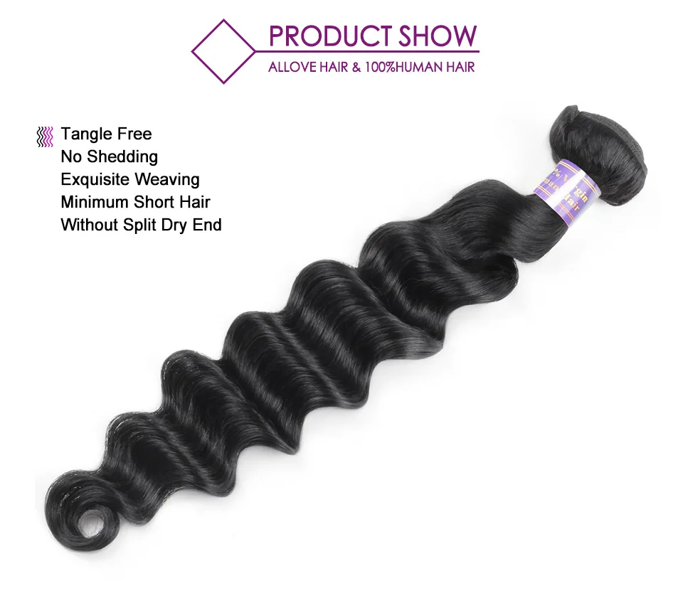 Pacotes de Onda Solta com Fecho Pacotes com Fechamento Humano com Frontal Allove Profunda Cabelo Peruano Remy 100% Pacotes Não 7 remy 100% pacotes cabelo humano com frontal