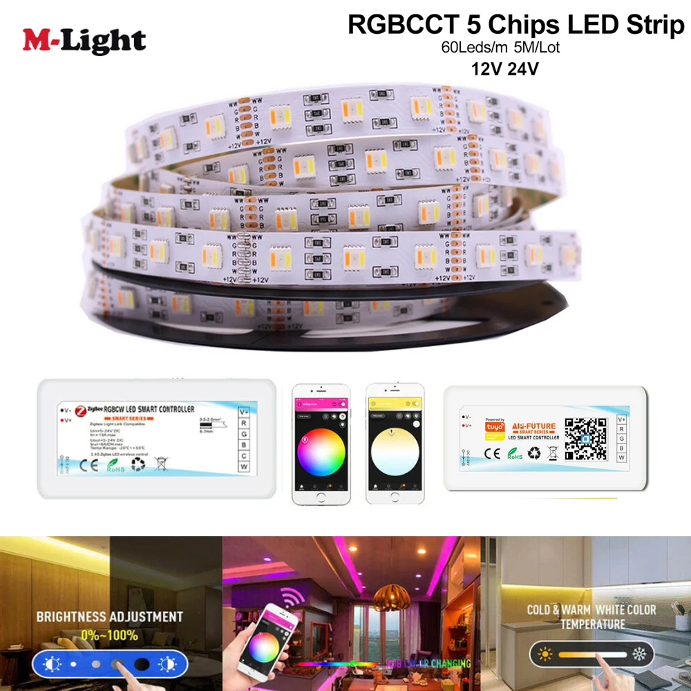 12 мм PCB RGBCCT Светодиодные ленты 5050 DC12V/ 24V Гибкий Светильник RGB + CW WW 5In1 светодиодный