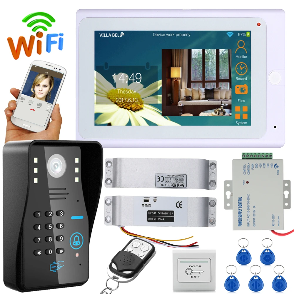 7\ TFT Wireless Wifi RFID Video Door Phone Doorbell Intercom System with Electric Drop Bolt Lock