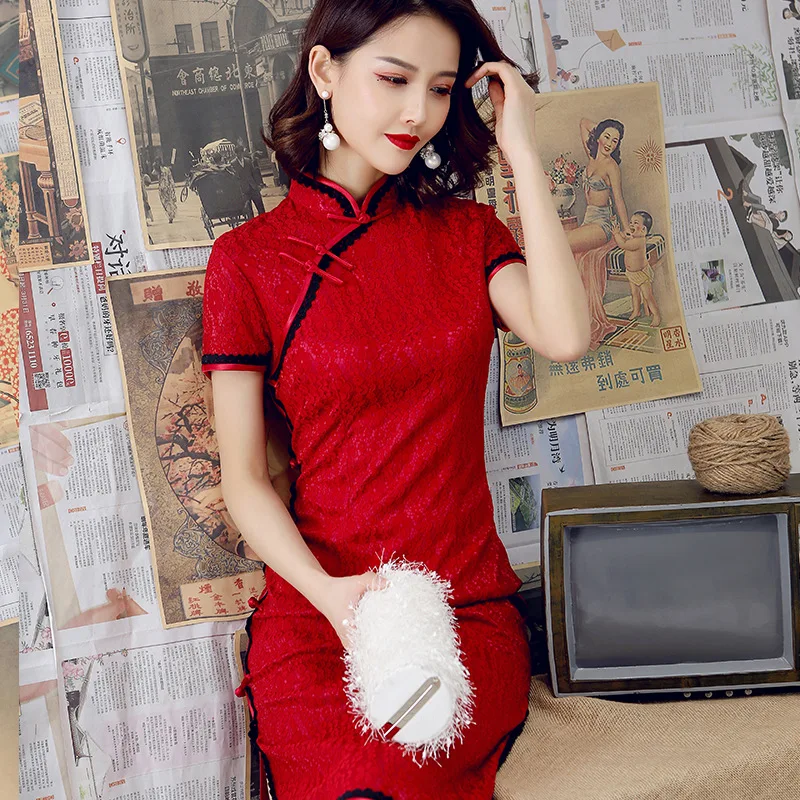 2019  Modern Cheongsam Women Short Lace Qipao Chinese Dress Qi Pao Party Vintage Ao Dai Elegant Dress High Quality Improve