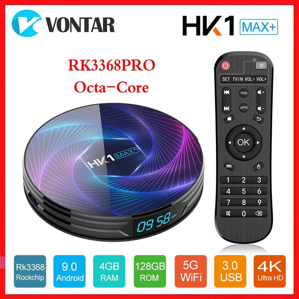 RK3368 PRO Android 9.0 TV Box 4GB RAM 128GB ROM HK1 MAX Plus Octa Core 8G/32G/64G Smart Set Top Box Google Play Netflix Youtube