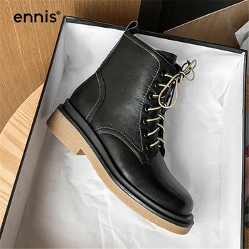 

ENNIS Black Lace Up Boots Women Genuine Leather Martin Boots Round Toe Ankle Boots Square Low Heel Shoes Autumn Winter New A0220