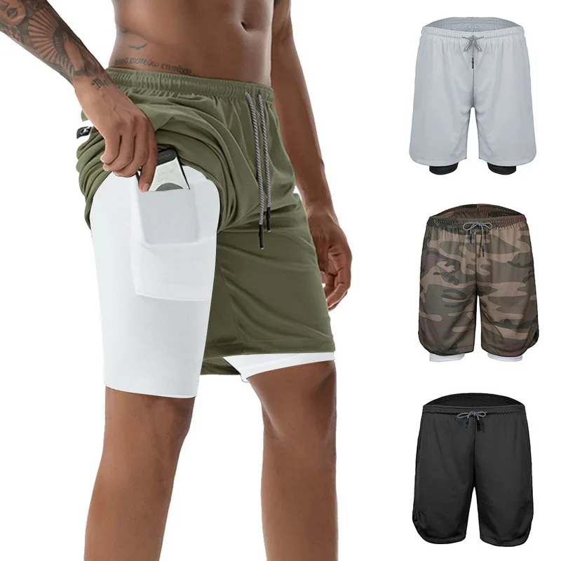 

Gym Print Shorts Men 2 in 1 Running fitness drawstring Shorts Security Pockets Shorts Quick Drying Sportswear
