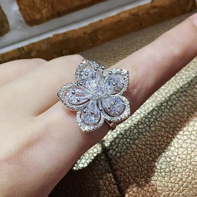 Silver Color Flower Lotus Zircon Transparent Colorful Ladies Ring Inlaid Charm Engagement Jewelry For | Украшения и аксессуары