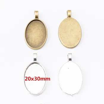 

30pcs Fit 20*30MM Antique bronze plated oval blank pendant base silver color cameo cabochon setting metal stamping tray bezel