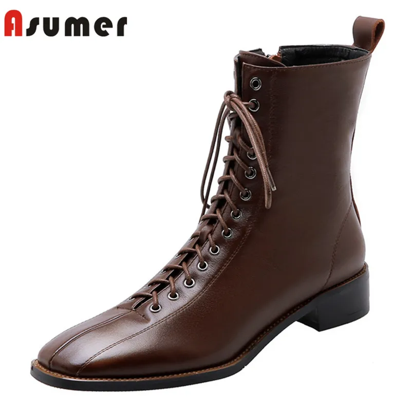 Asumer/; Новое поступление; ботильоны; женская повседневная обувь из натуральной кожи на низком каблуке; женские полусапожки с перекрестной шнуровкой на молнии; сезон осень-зима