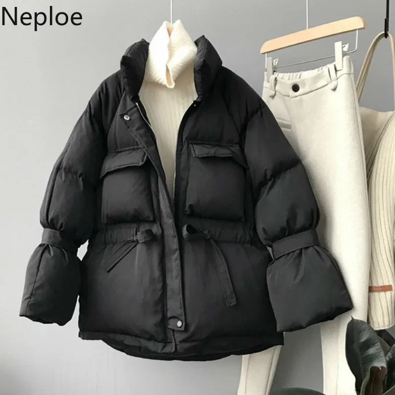 Neploe/корейское свободное толстое хлопковое пальто с хлопковой подкладкой, тонкая талия, со шнуровкой, однотонные нестандартные парки, лонгслив под змеиную кожу, повседневная куртка 46873