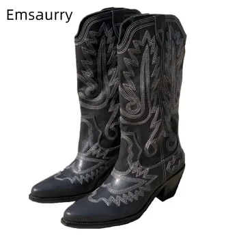 

Luxury Sewing Knee High Boots Women Sexy Pointed Toe Med Square Heel Black Genuine Leather Embroidery Winter Botas Mujer