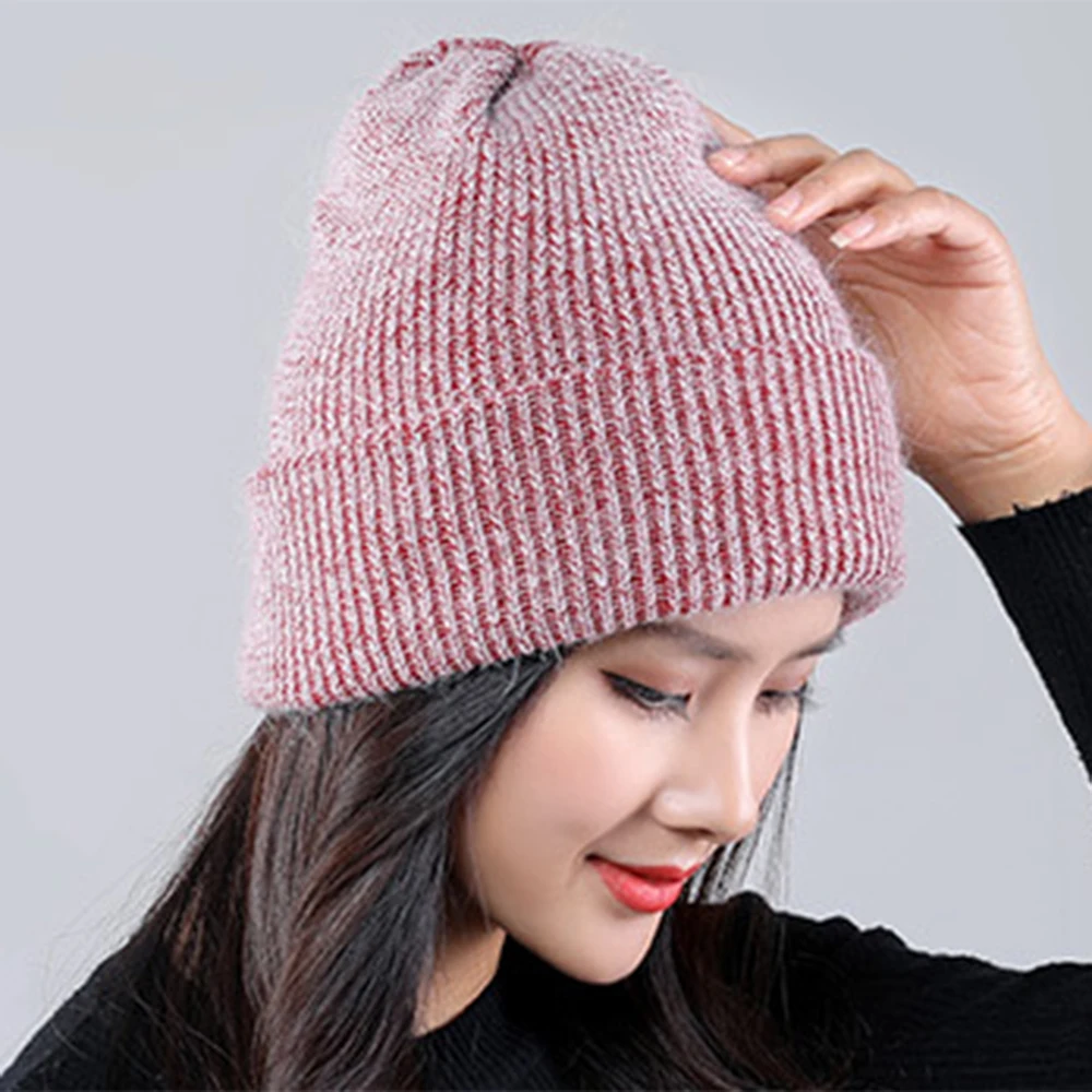 New knit warm wool hat female simple solid color fashion sweet cute rabbit fur cap winter wild soft comfortable