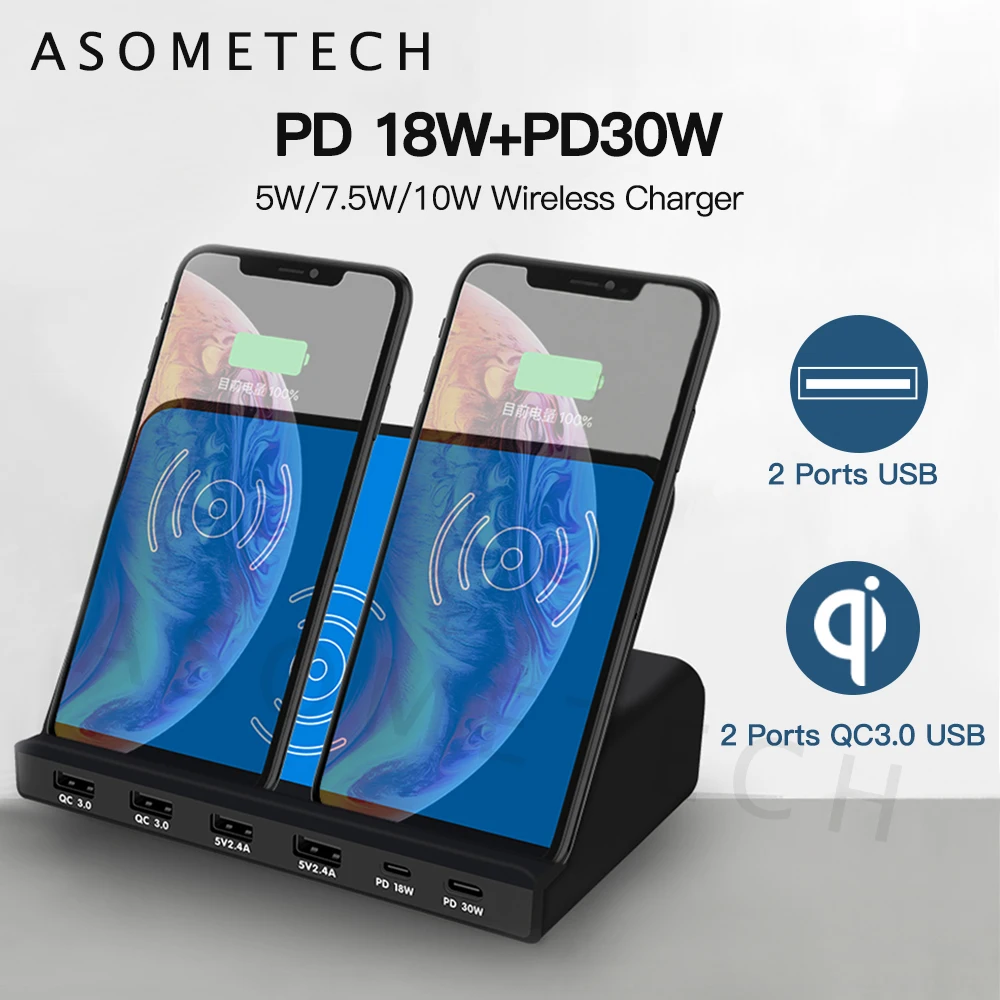 

120W QC3.0 USB Phone Charger Type-C PD Fast Charger Dock Station 10W Qi Wireless Charging Adapter For iPhone Samsung Xiaomi