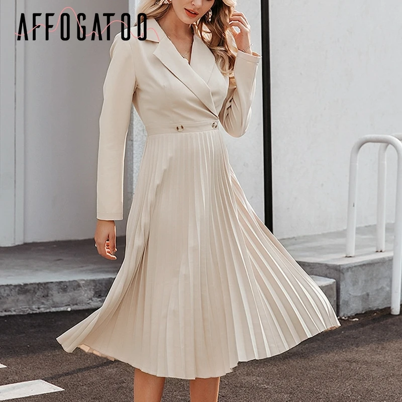 Affogatoo Elegant office ladies solid long dress Sexy chic pleated party dress women Streetwear vintage long sleeve autumn dress