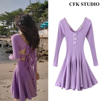 

Za 2020 New Summer Women Party Minidress with Deep V-neck Hollow Out In Back Bow Long Sleeve Knitted Purple Shirtdress