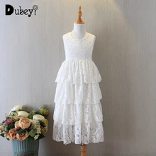 Длинное кружевное многослойное платье; Белый Кружевной Костюм принцессы без рукавов с цветочным узором для девочек; элегантное праздничное платье для дня рождения и свадьбы для девочек