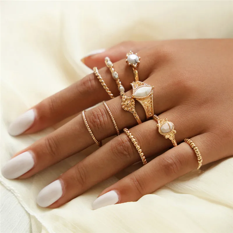 VAGZEB Vintage Crystal Flower Rings For Women Fashion Retro Geometric Gold Color Knuckle Ring Set Statement Jewelry Gifts - Цвет основного камня: 15874