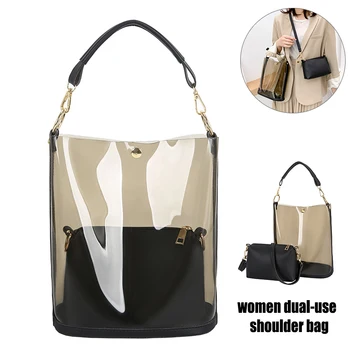 

PosBuy Fashion Women Transparent Laser Multifunction Handbag Shoulder Bag Set Black Large Bucket Dual-use Crossbody Bolso Autumn
