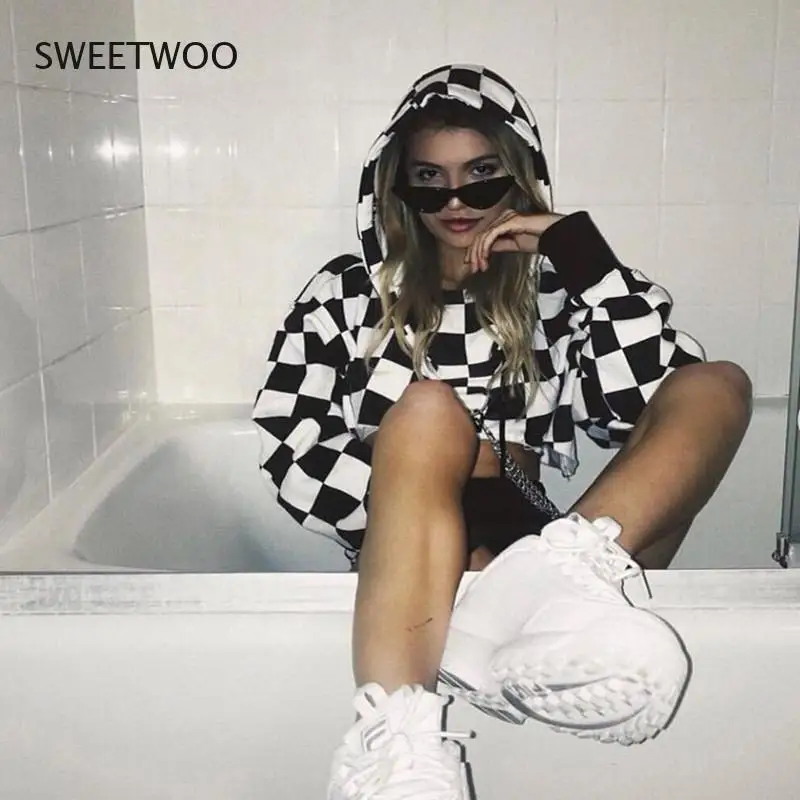 Women Hoodies Sexy Gothic Punk Chain Crop Top Hooded Pullover Sweatshirt Cosplay Casual Tops