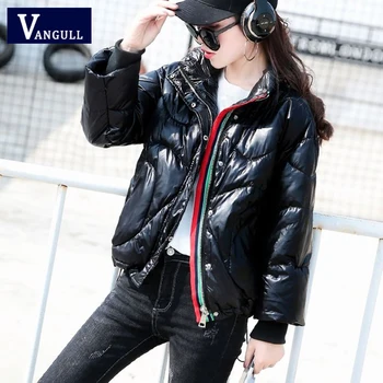 

Vangull Winter Women Parkas Coat Long Sleeve Glossy Jackets 2019 Casual New Stand Collar Loose Short Coat Zipper Warm Outerwear
