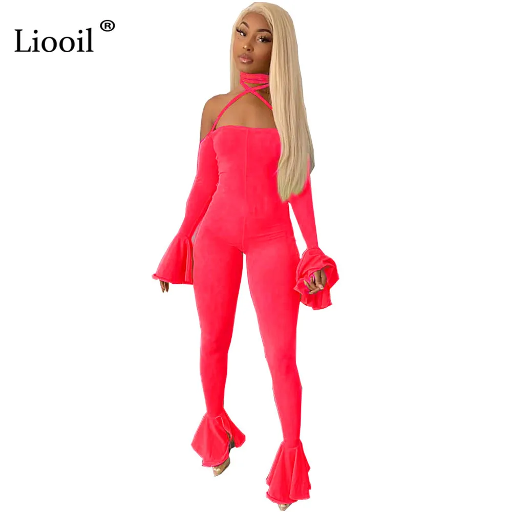 Najtaniej Liooil Sexy ubranka jednoczęściowe Backless Tight Bell Bottom kombinezony 2020 Flare rękaw bez ramiączek Bodycon do klubu na imprezę kobiety kombinezon