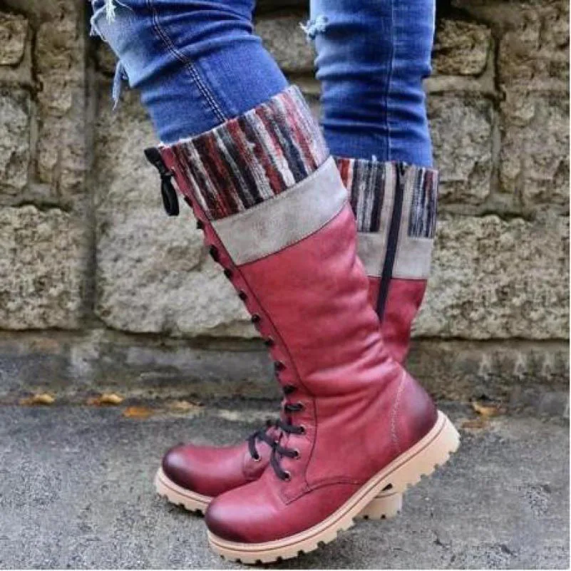

QPFJQD Spring Women Platform Boots Winter Round Toe Square Heel Shoes Patchwork Cross-tied Leisure Ladies Retro Boots Plus Size