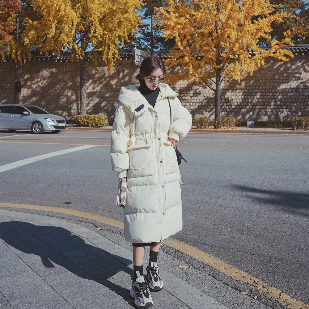 

Photo Shoot over-the-Knee Long Thick down Jacket Cotton-padded Clothes 2019 Winter New Style Retro Laziness-Style Hooded Cotton