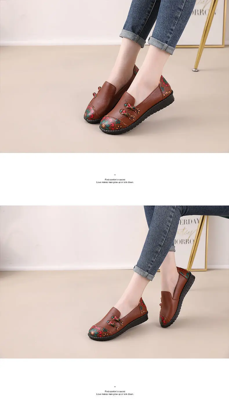 Chinese Traditional Flats Spring Leather Shoes Women's Loafers Floral Mom Fur Moccasins Ladies Woman Driving Shoes Plush Loafers