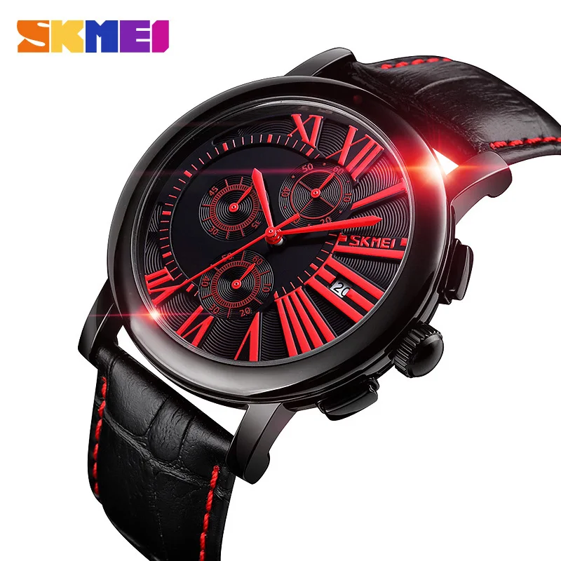 

SKMEI Relogios Masculino Men Quartz Watch Leather Strap Business Male Wristwatches Clock Date Stopwatch Sport Watches 9196