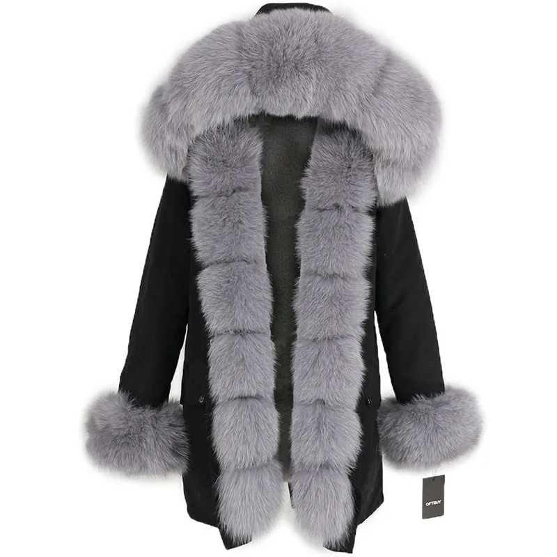 black grey OFTBUY, водонепроницаемая длинная парка, зимняя куртка, для женщин, натуральный мех, пальто, натуральный Лисий мех, воротник, капюшон, толстая, теплая, уличная, съемная, Новинка - Цвет: black grey