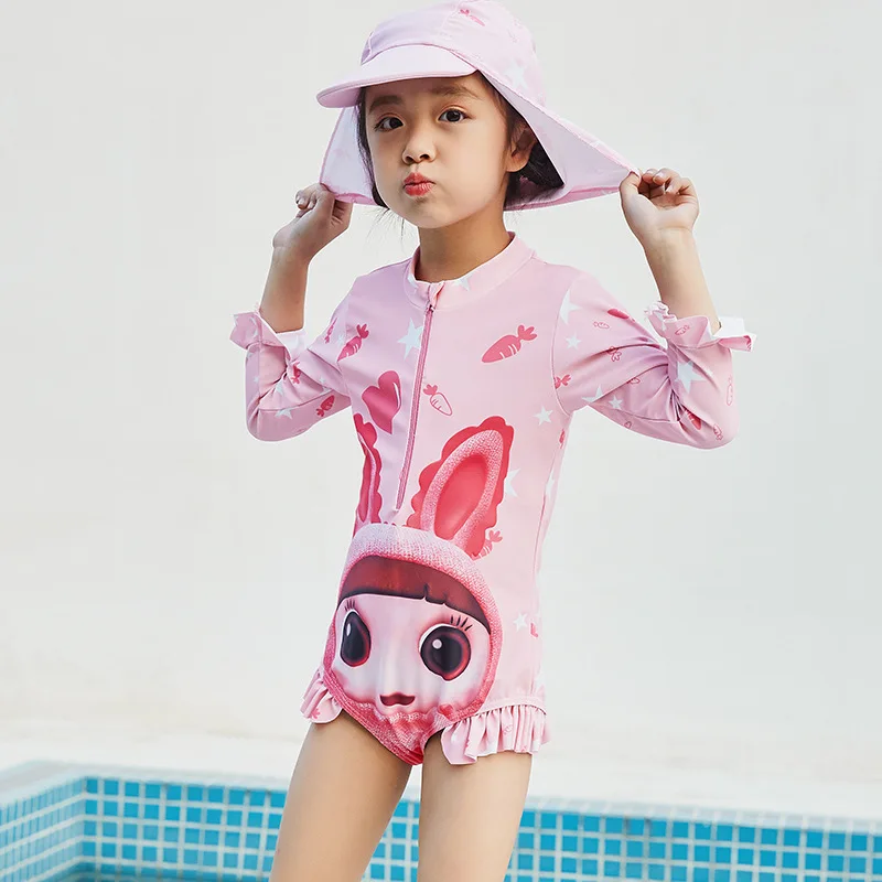 

Cute GIRL'S Swimsuit Zipper Siamese Swimsuit Triangle Long Sleeve Sun-resistant Outdoor with Topee Bubble Hot Spring Swimwear