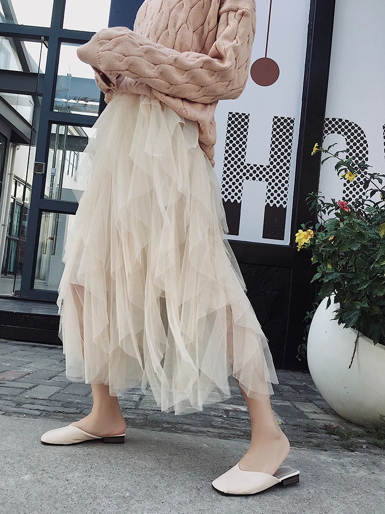Тюлевая юбка, осенняя модная винтажная юбка, Женская эластичная сетчатая юбка с высокой талией, розовая черная плиссированная юбка, женская юбка Макси