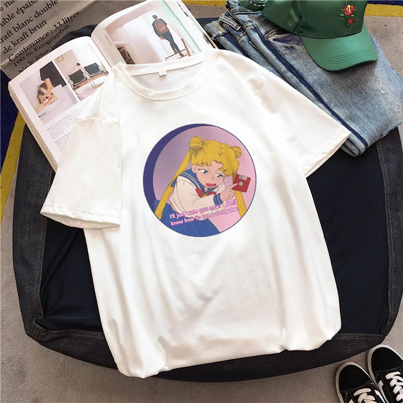 Moon girl Забавный Повседневный милый Принт Harajuku Мультфильм дропшиппинг винтажные Топы vegan рубашка Ulzzang одежда с коротким рукавом женская футболка