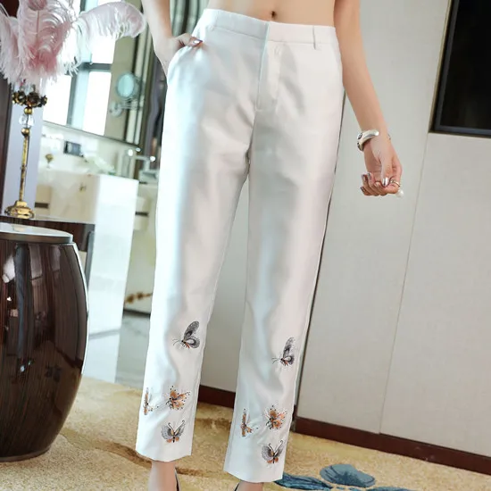 Китайские современные брюки с вышивкой женские брюки - Цвет: Белый