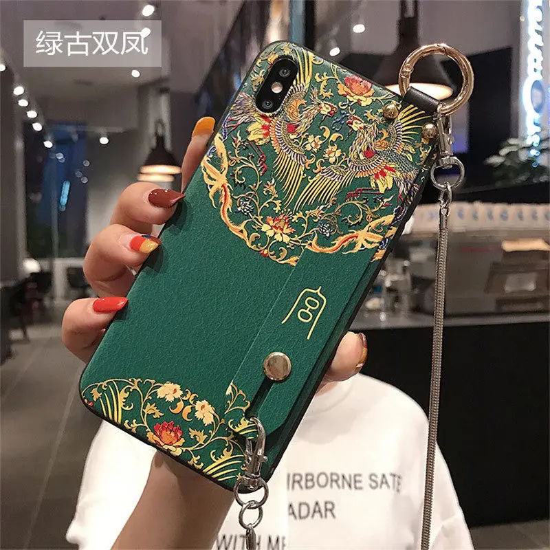 Ретро китайский стиль ремешок на запястье Чехол Для Телефона iphone 6 6s 7 8 plus чехол для iphone X Xs max XR Мягкий ТПУ чехол с длинной цепочкой - Цвет: Зеленый