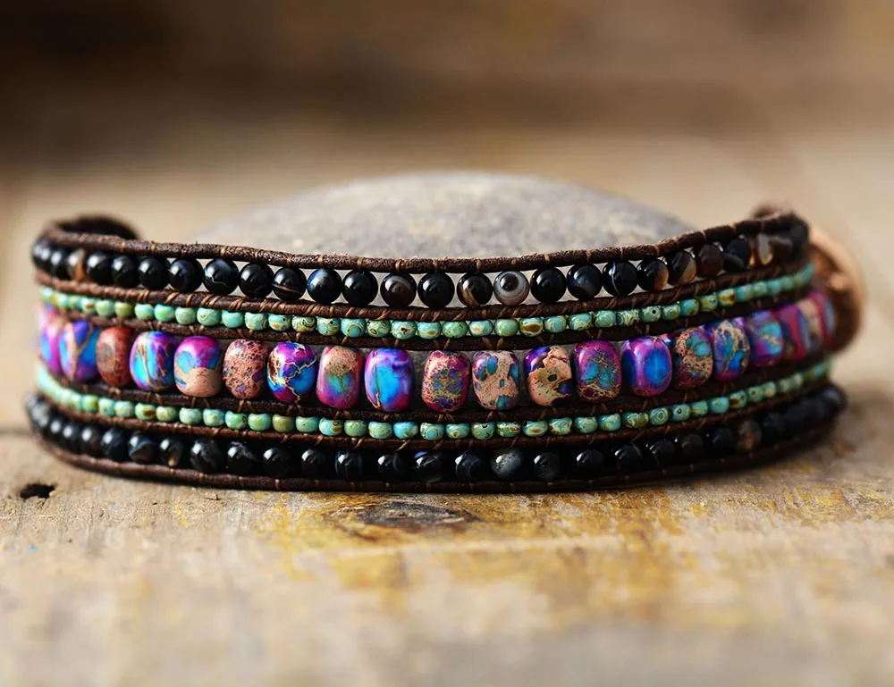 Latest Handmade Multi Row Leather Wrap Bracelet VintageBlack Beads Natural Stone Weaving Cuff Bangles Bracelets Bohemian Jewelry - Image 3