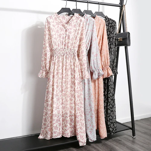 

2019 Autumn New Long Female Dress Bottom V-neck Office Lady Print Chiffon Dress Fashionable Beautiful Women Work Wear Slim Dress