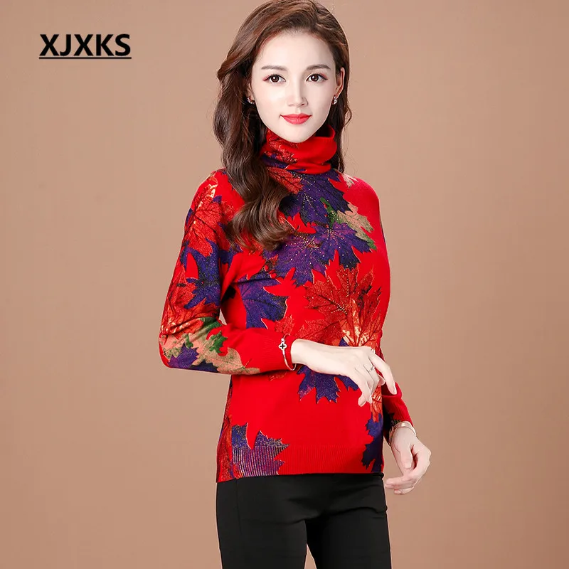 XJXKS Women Turtleneck Sweater Autumn Winter New Fashion Print Plus Size Comfort Wool Knit Sweater Women Pullover