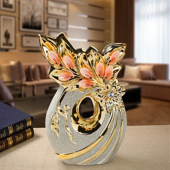 

30cm Luxury Europe Gold-plated Ceramic Vase Home Decor Creative Design Porcelain Decorative Flower Vase For Wedding Decoration