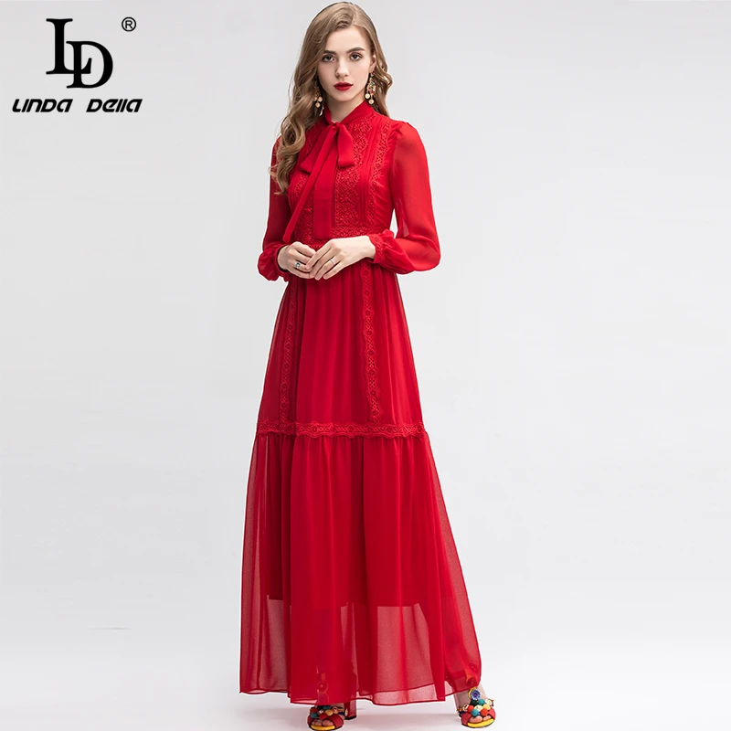 LD LINDA Делла, Осеннее модное дизайнерское Макси-Платье, женское платье с бантом и воротником, Цветочная вышивка, одноцветное длинное платье, вечернее платье - Цвет: Красный